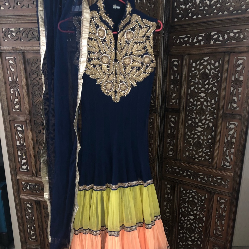 Navy blue chiffon suit golden medium churidaar